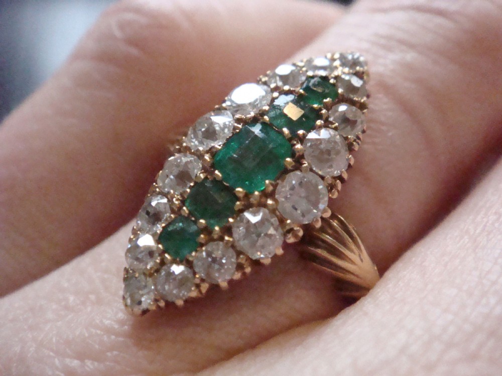VICTORIAN 18CT FINE QUALITY NATURAL EMERALD AND DIAMOND 0.95CT RING View VI