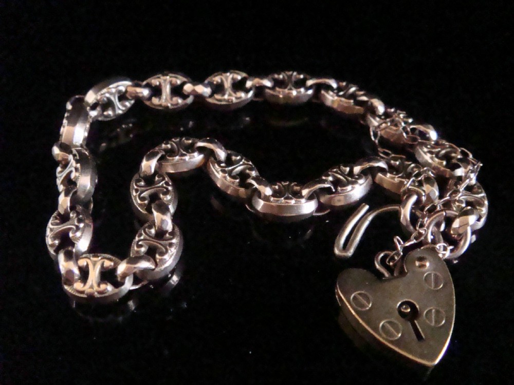 Edwardian 9ct rose gold ornate bracelet with heart padlock locket 5mm 10.2g
