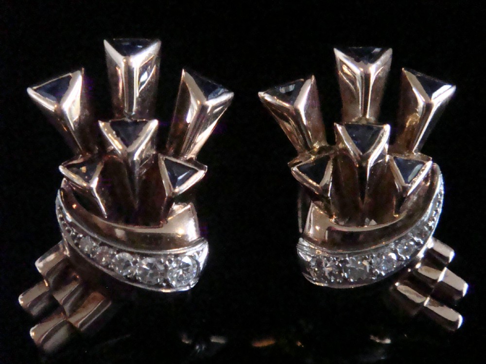 VINTAGE 1950S RETRO 18CT SAPPHIRE DIAMOND STAR COMET FAN CLIP EARRINGS