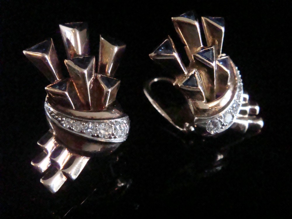VINTAGE 1950S RETRO 18CT SAPPHIRE DIAMOND STAR COMET FAN CLIP EARRINGS View II
