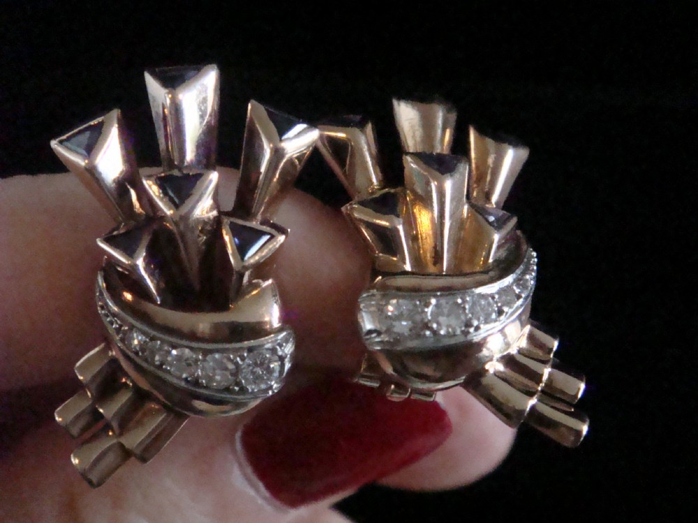 VINTAGE 1950S RETRO 18CT SAPPHIRE DIAMOND STAR COMET FAN CLIP EARRINGS View IV