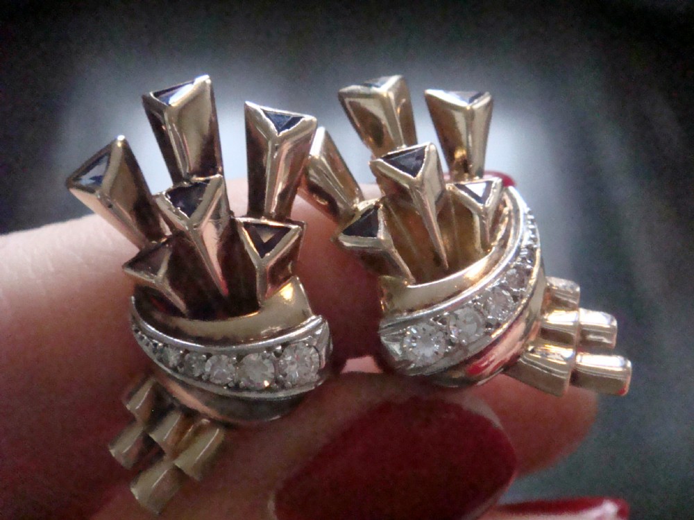 VINTAGE 1950S RETRO 18CT SAPPHIRE DIAMOND STAR COMET FAN CLIP EARRINGS View V