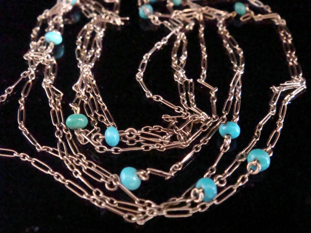 Stunning 9ct Edwardian turquoise paperclip link longuard chain 6.4g 56 inches