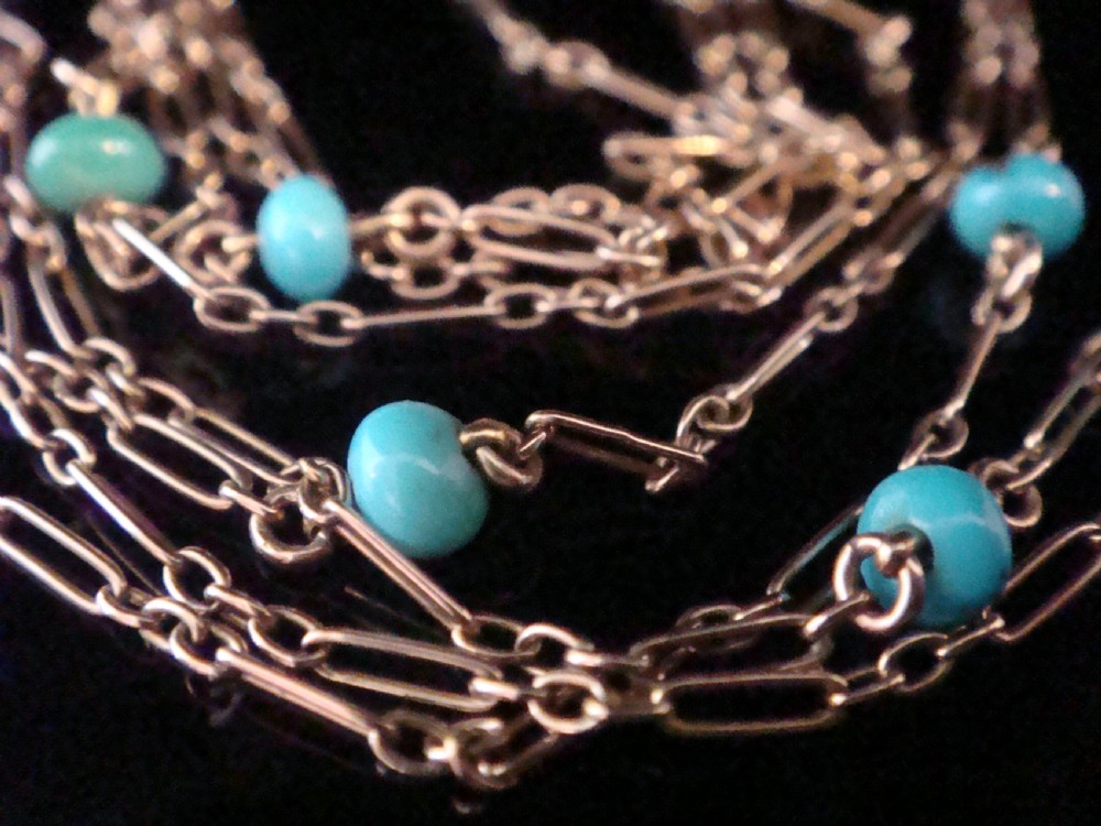 Stunning 9ct Edwardian turquoise paperclip link longuard chain 6.4g 56 inches View II