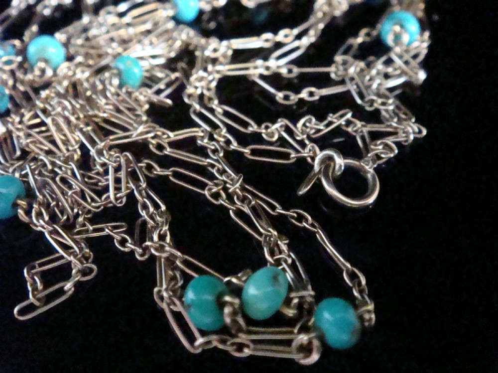 Stunning 9ct Edwardian turquoise paperclip link longuard chain 6.4g 56 inches View III