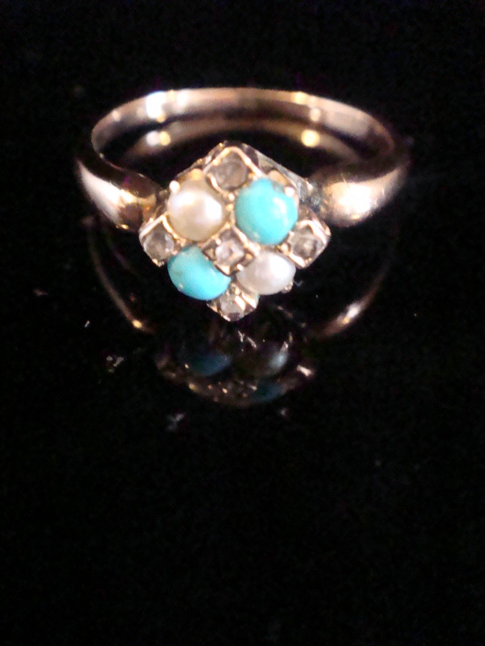EDWARDIAN 18CT ROSE GOLD TURQUOISE OLD CUT DIAMOND PEARL CLUSTER RING View III
