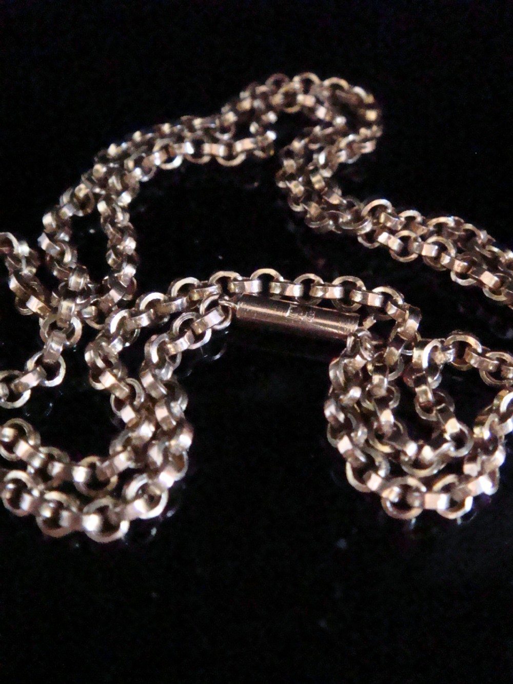 EDWARDIAN 9CT ROSE YELLOW GOLD SOLID CHAIN 20 INCHES 10.8g BAREL CLASP AND TAG