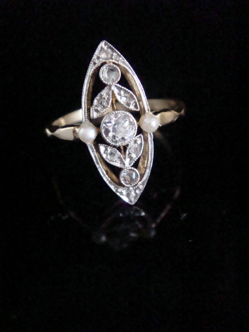 EDWARDIAN FRENCH 18CT YELLOW GOLD DIAMOND PEARL NAVETTE MARQUIS  RING