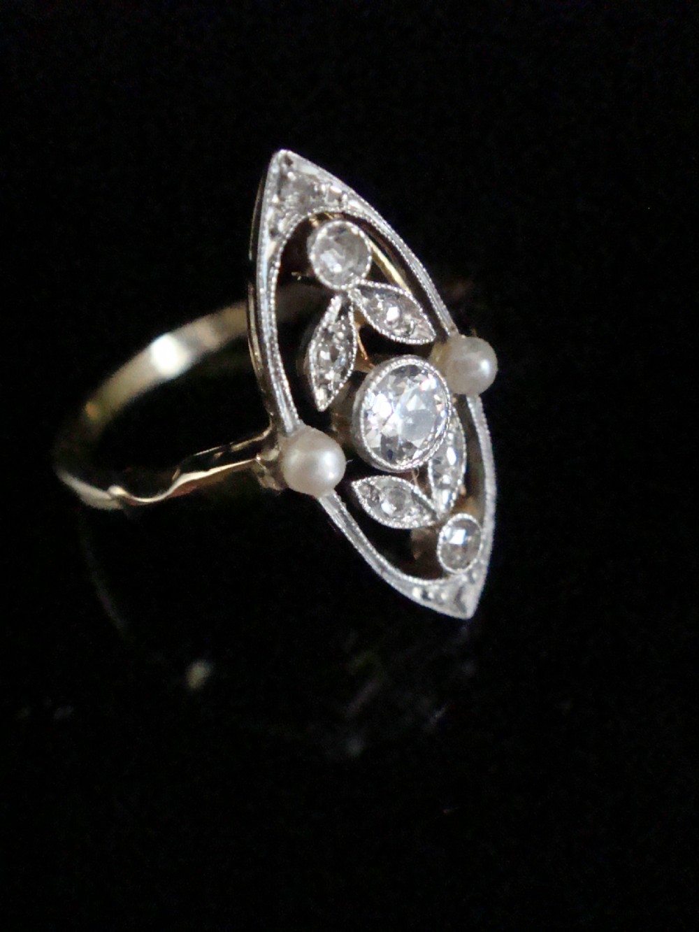 EDWARDIAN FRENCH 18CT YELLOW GOLD DIAMOND PEARL NAVETTE MARQUIS  RING View II