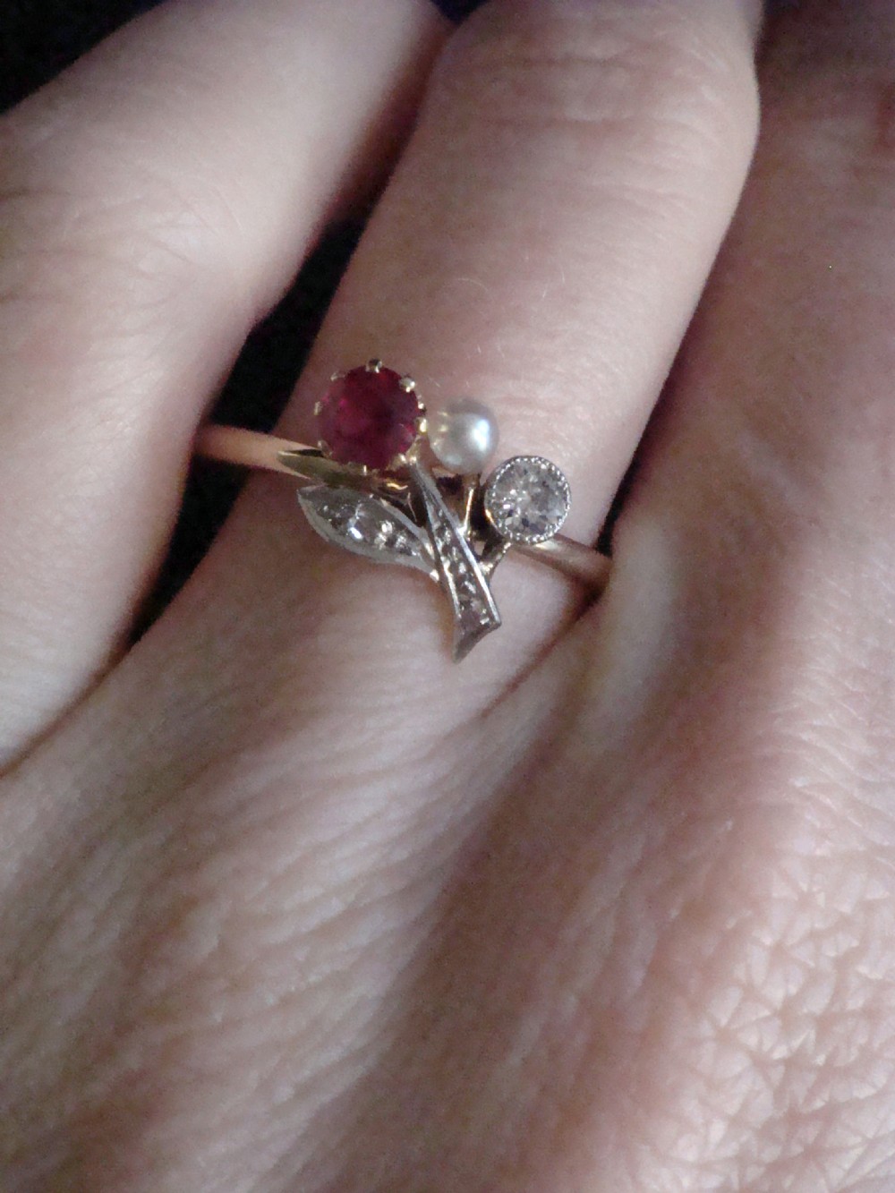 EDWARDIAN FRENCH 18CT YELLOW GOLD NATURAL RUBY DIAMOND AND NATURAL PEARL RING View III