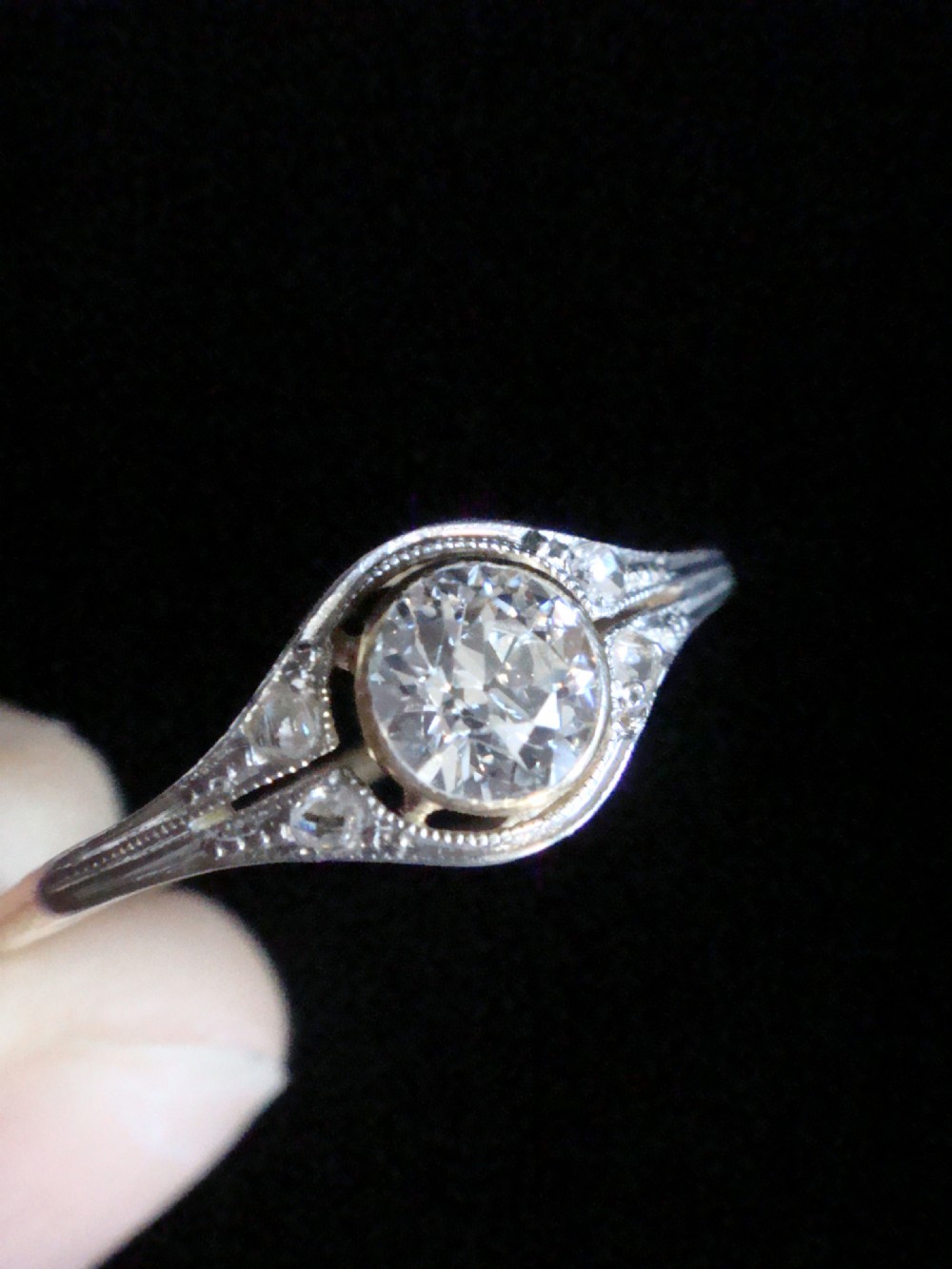 ART DECO FRENCH 18CT PLATINUM DIAMOND SINGLE STONE SOLITAIRE 0.35CT RING View IV