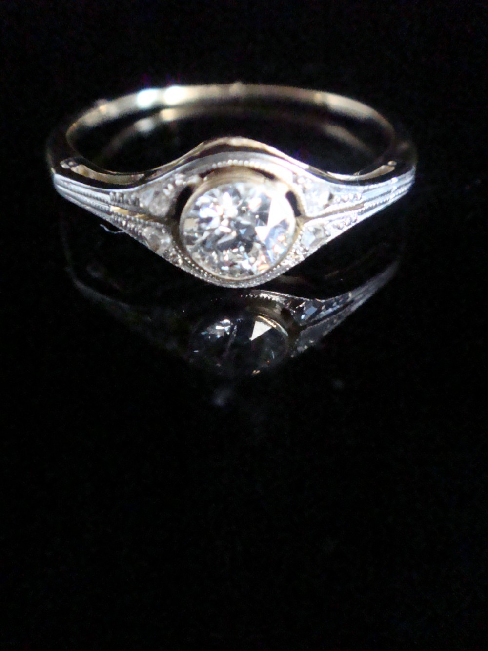 ART DECO FRENCH 18CT PLATINUM DIAMOND SINGLE STONE SOLITAIRE 0.35CT RING View VI
