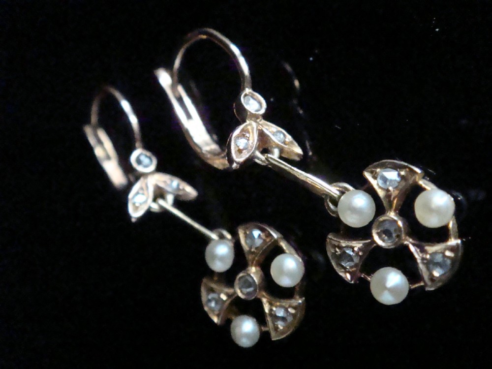 FRENCH EDWARDIAN 18CT YELLOW GOLD NATURAL PEARL DIAMOND DORMEUSE DROP EARRINGS View III
