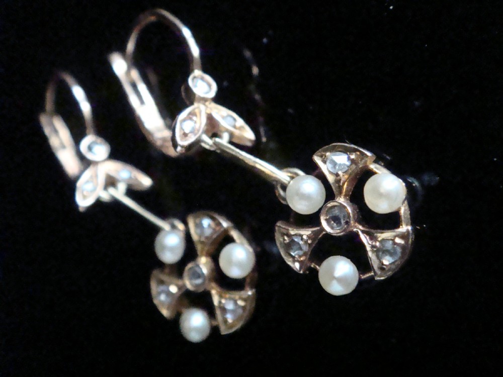 FRENCH EDWARDIAN 18CT YELLOW GOLD NATURAL PEARL DIAMOND DORMEUSE DROP EARRINGS View IV