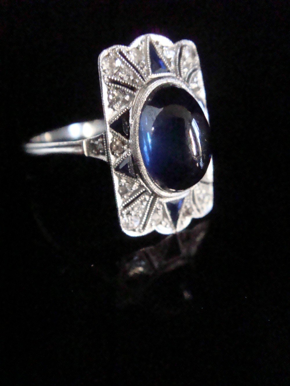 French Art Deco Platinum cabochon sapphire and old cut diamond pave set ring View II