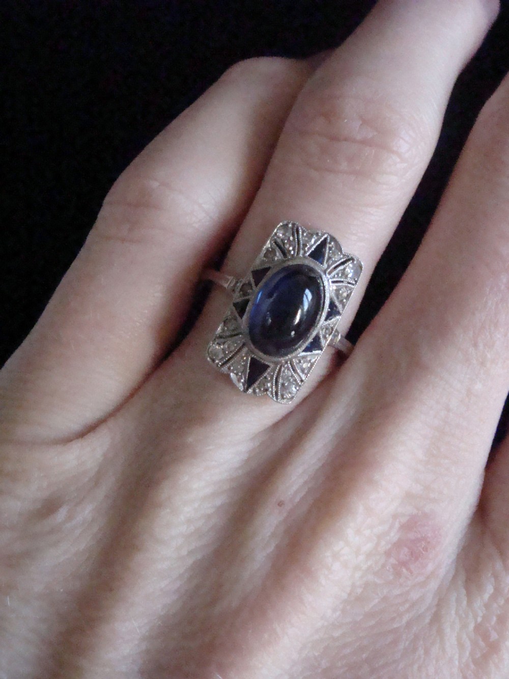 French Art Deco Platinum cabochon sapphire and old cut diamond pave set ring View III