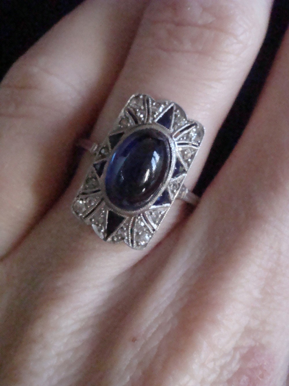 French Art Deco Platinum cabochon sapphire and old cut diamond pave set ring View IV