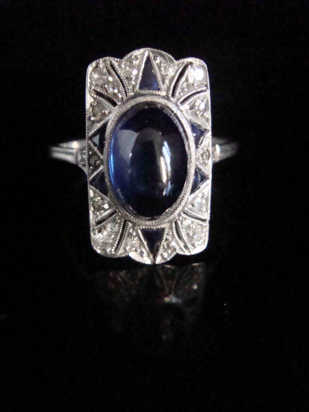 French Art Deco Platinum cabochon sapphire and old cut diamond pave set ring View V