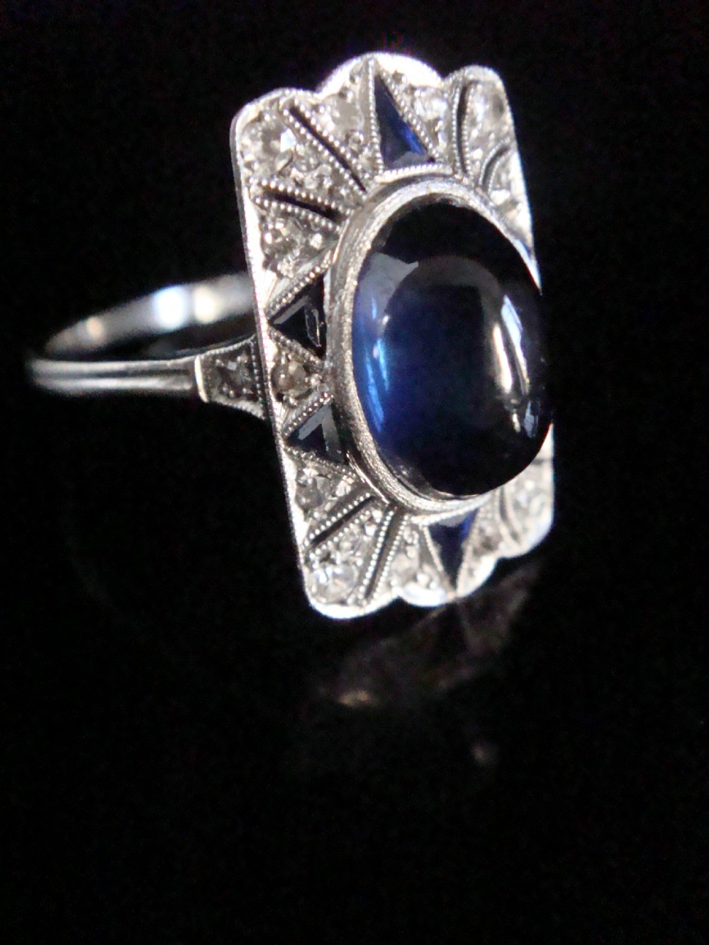French Art Deco Platinum cabochon sapphire and old cut diamond pave set ring View VI