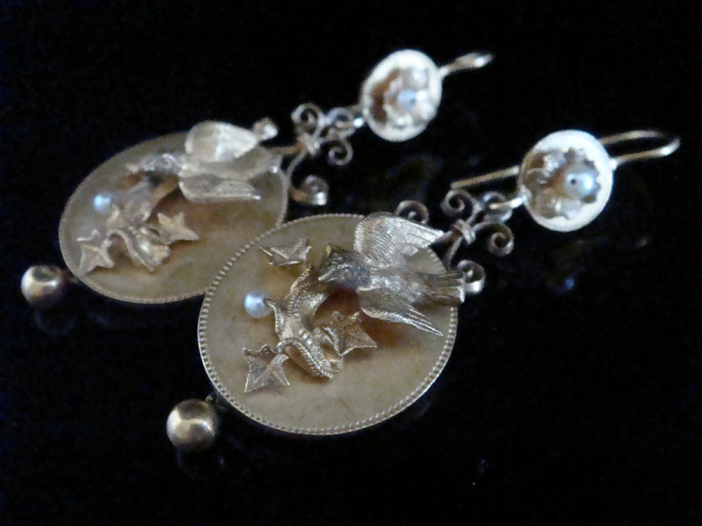 Stunning Victorian 15ct 18ct yellow gold natural pearl dove drop earrings View IV