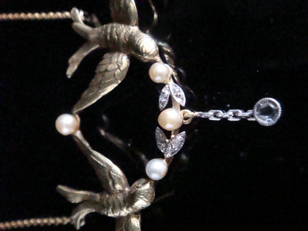 Edwardian 18ct yellow gold rose cut diamond natural pearl swallow necklace View II