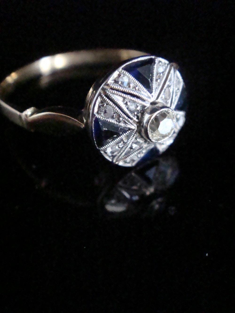 Art Deco 18ct 18k yellow gold Platinum sapphire and old cut diamond ring View II