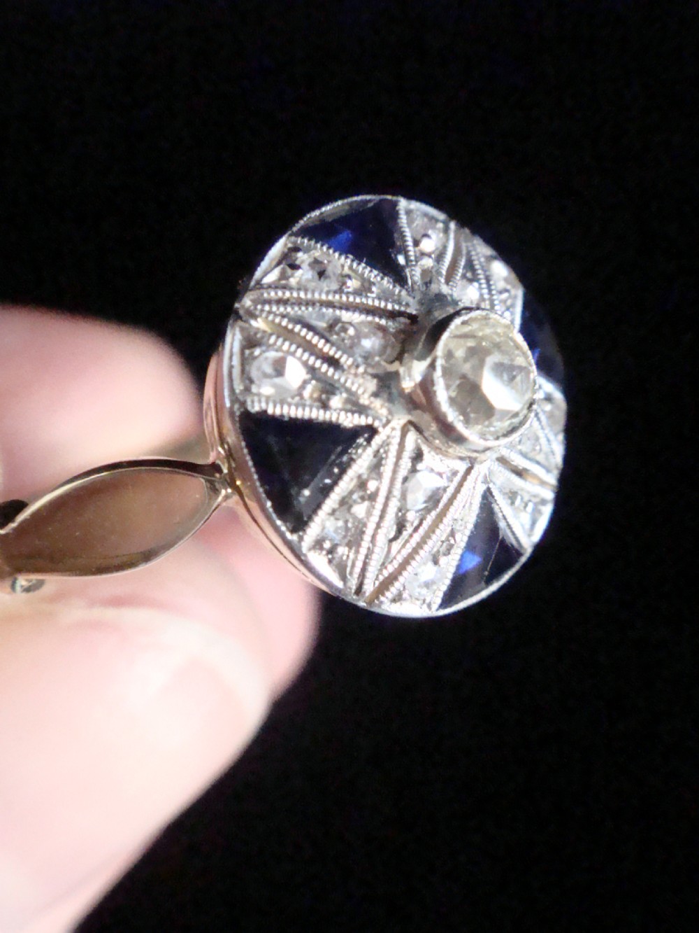 Art Deco 18ct 18k yellow gold Platinum sapphire and old cut diamond ring View III