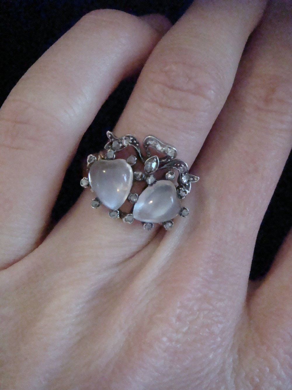 VICTORIAN 18CT SILVER DOUBLE MOONSTONE SWEETHEART BOW OLD CUT DIAMOND RING View V
