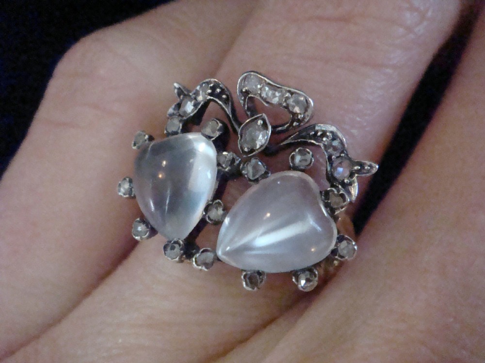 VICTORIAN 18CT SILVER DOUBLE MOONSTONE SWEETHEART BOW OLD CUT DIAMOND RING View VI