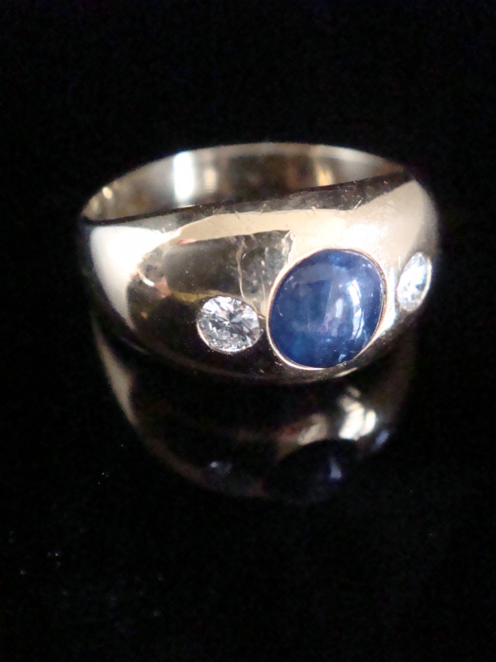FRENCH 18CT YELLOW GOLD NATURAL CABOCHON SAPPHIRE DIAMOND 3 STONE GYPSY RING