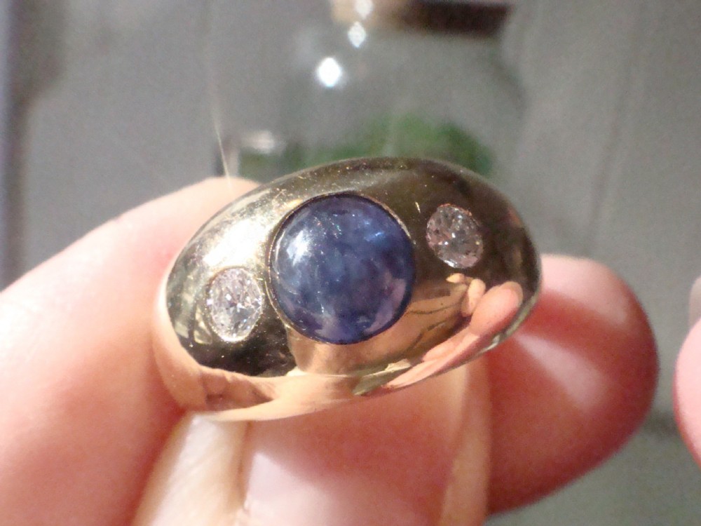 FRENCH 18CT YELLOW GOLD NATURAL CABOCHON SAPPHIRE DIAMOND 3 STONE GYPSY RING View IV