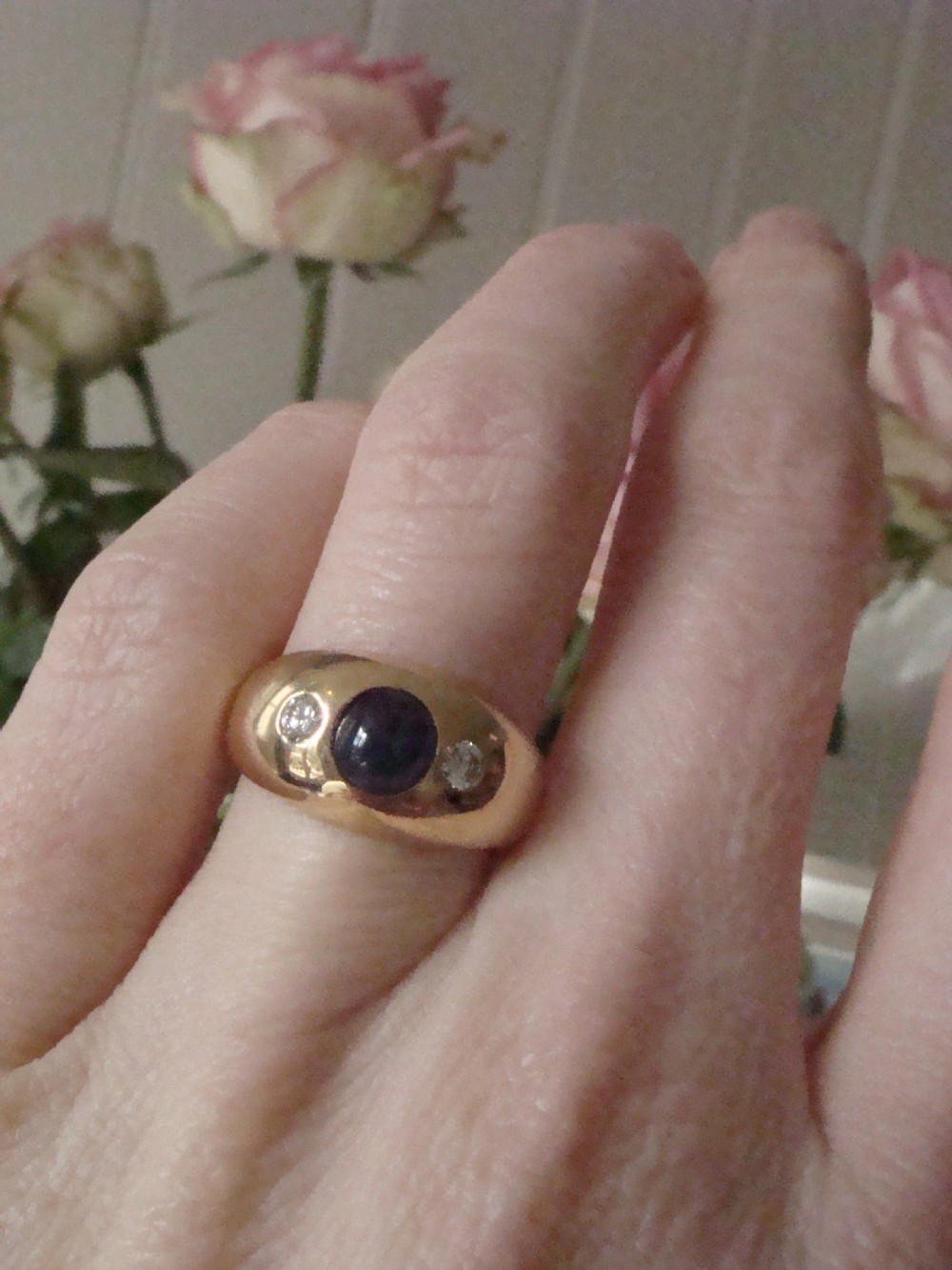FRENCH 18CT YELLOW GOLD NATURAL CABOCHON SAPPHIRE DIAMOND 3 STONE GYPSY RING View VI