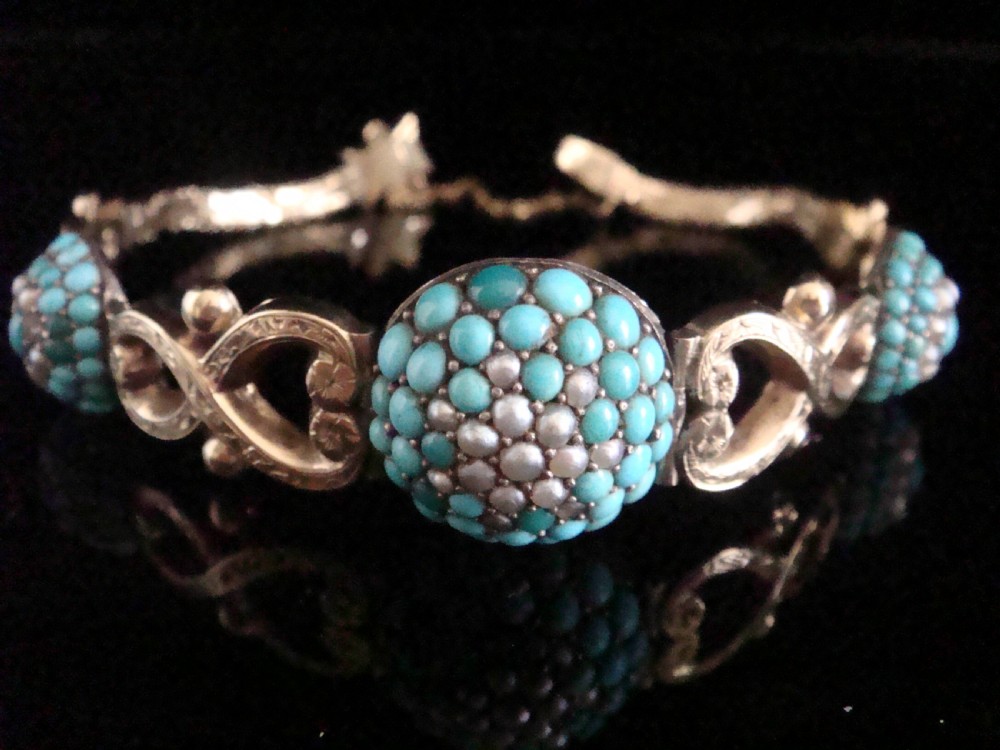 Victorian 9ct 9k turquoise bombe cluster bracelet 16.3g Very rare