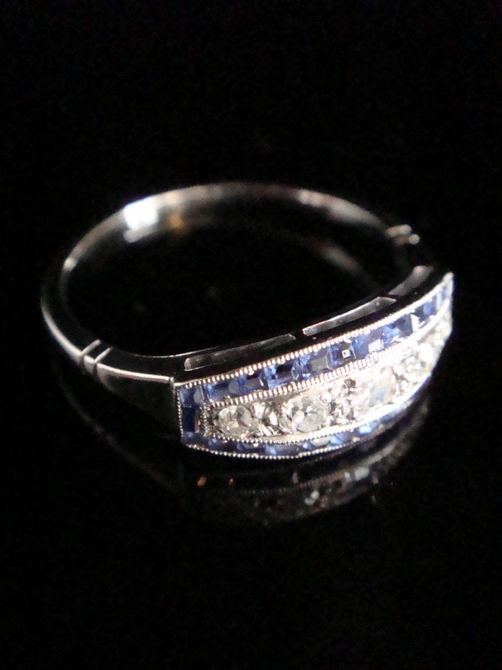 French Art Deco Platinum sapphire and old cut diamond pave 5 stone ring