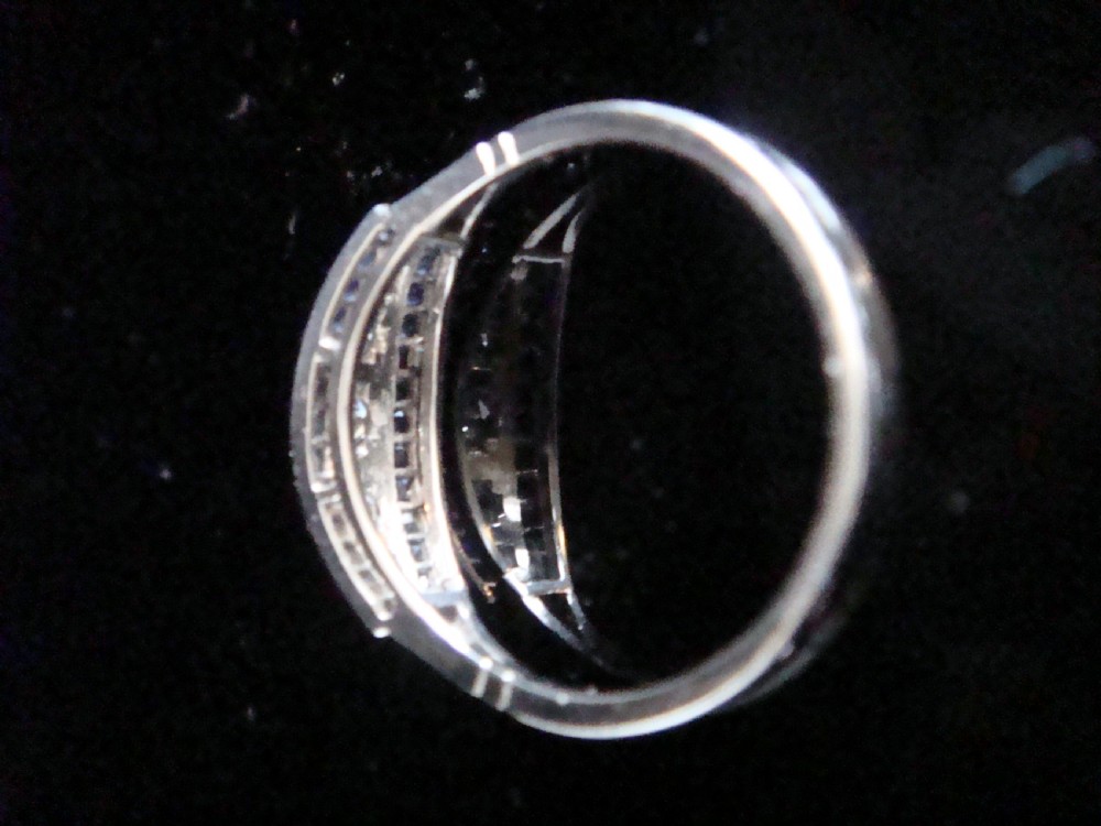 French Art Deco Platinum sapphire and old cut diamond pave 5 stone ring View II