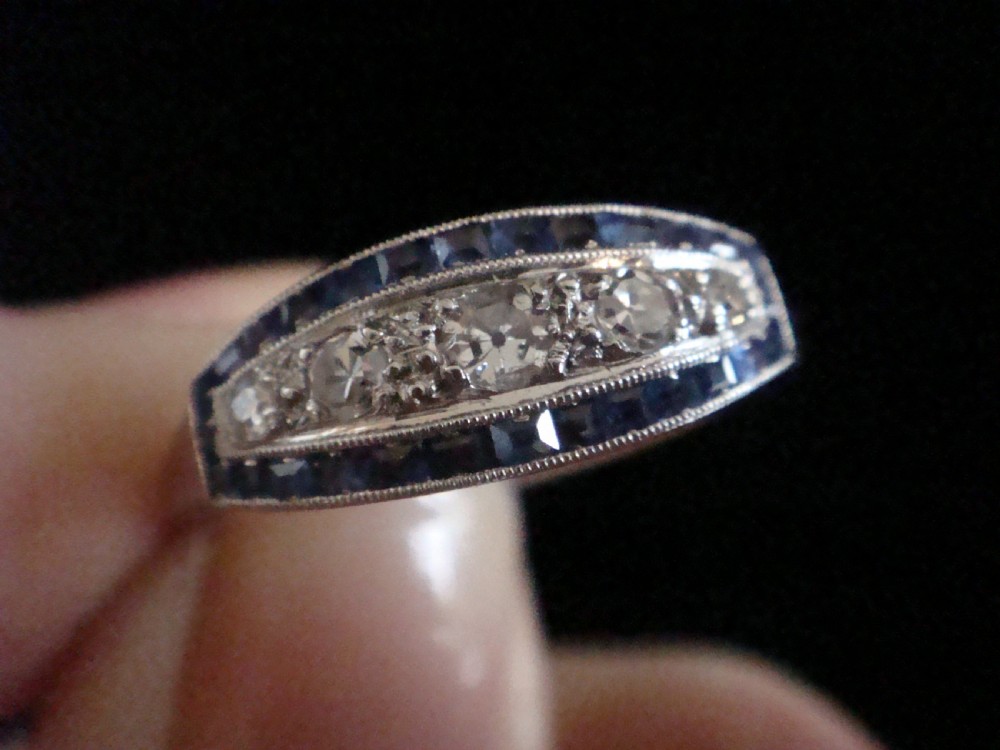 French Art Deco Platinum sapphire and old cut diamond pave 5 stone ring View III