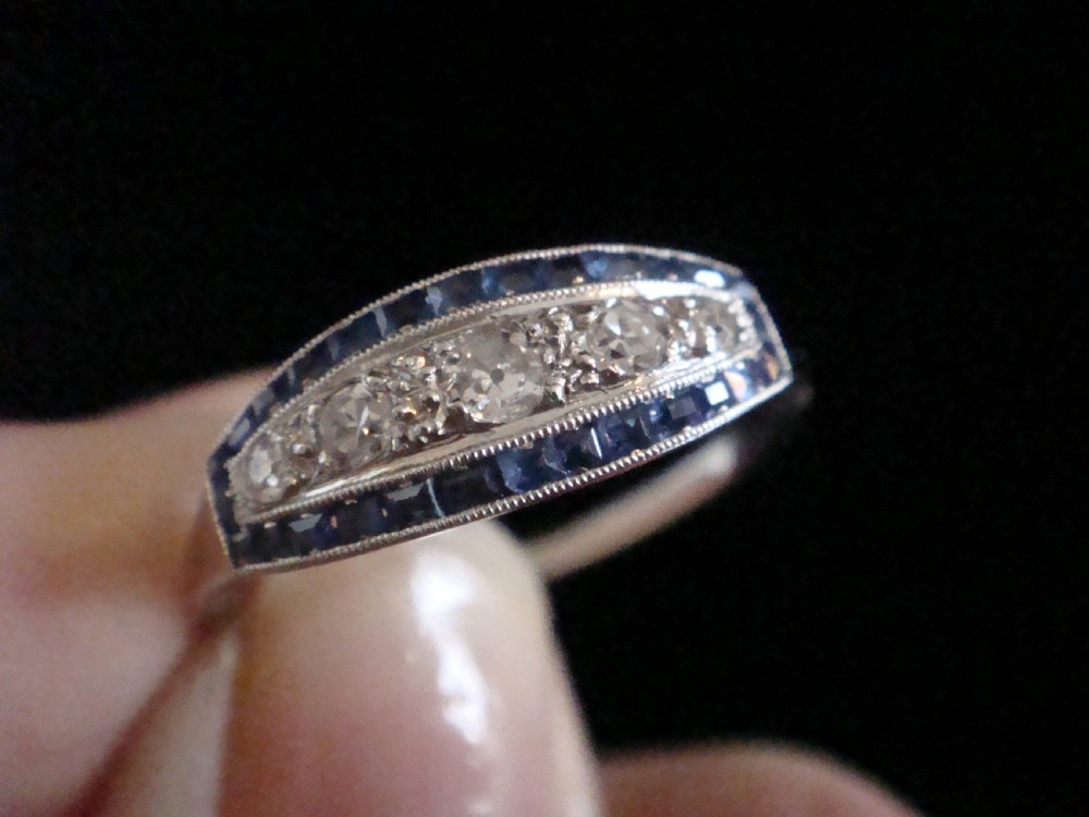French Art Deco Platinum sapphire and old cut diamond pave 5 stone ring View IV