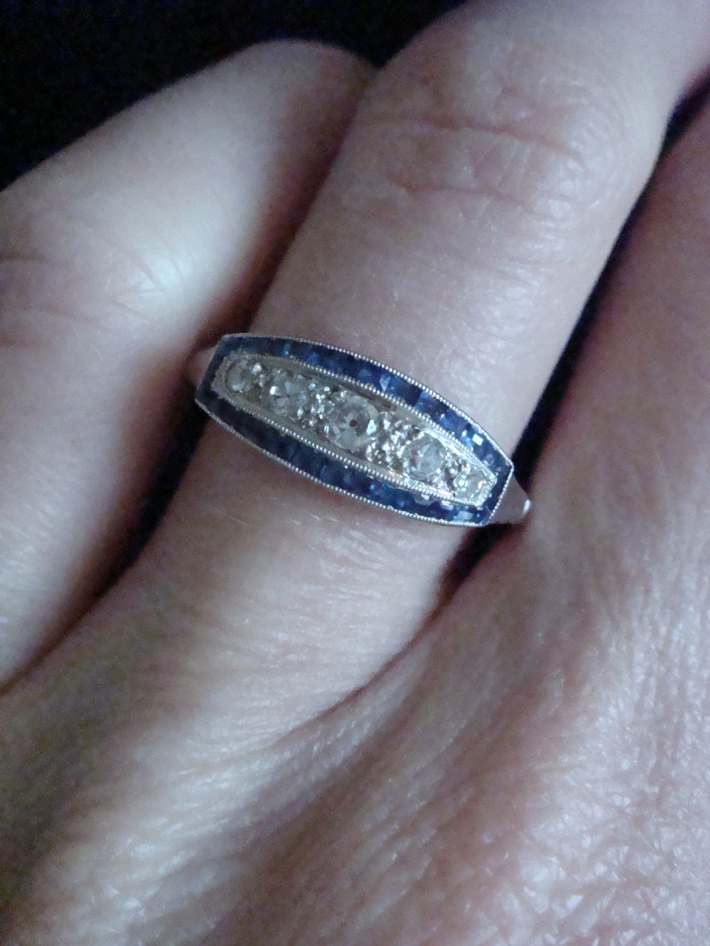 French Art Deco Platinum sapphire and old cut diamond pave 5 stone ring View V
