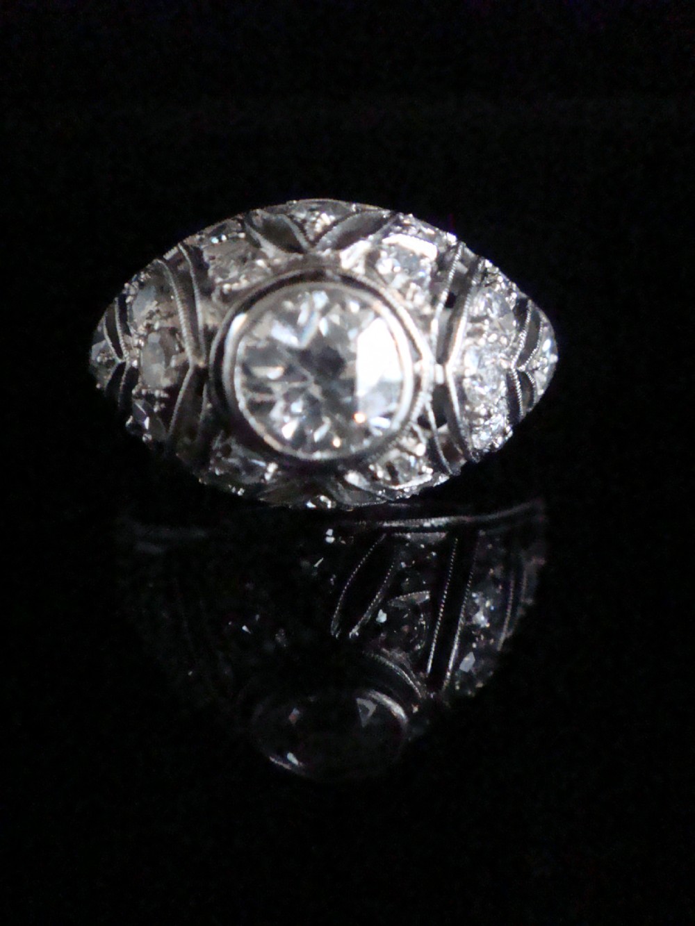 ART DECO PLATINUM OLD TRANSITIONAL CUT DIAMOND BOMBE 1.50CT RING