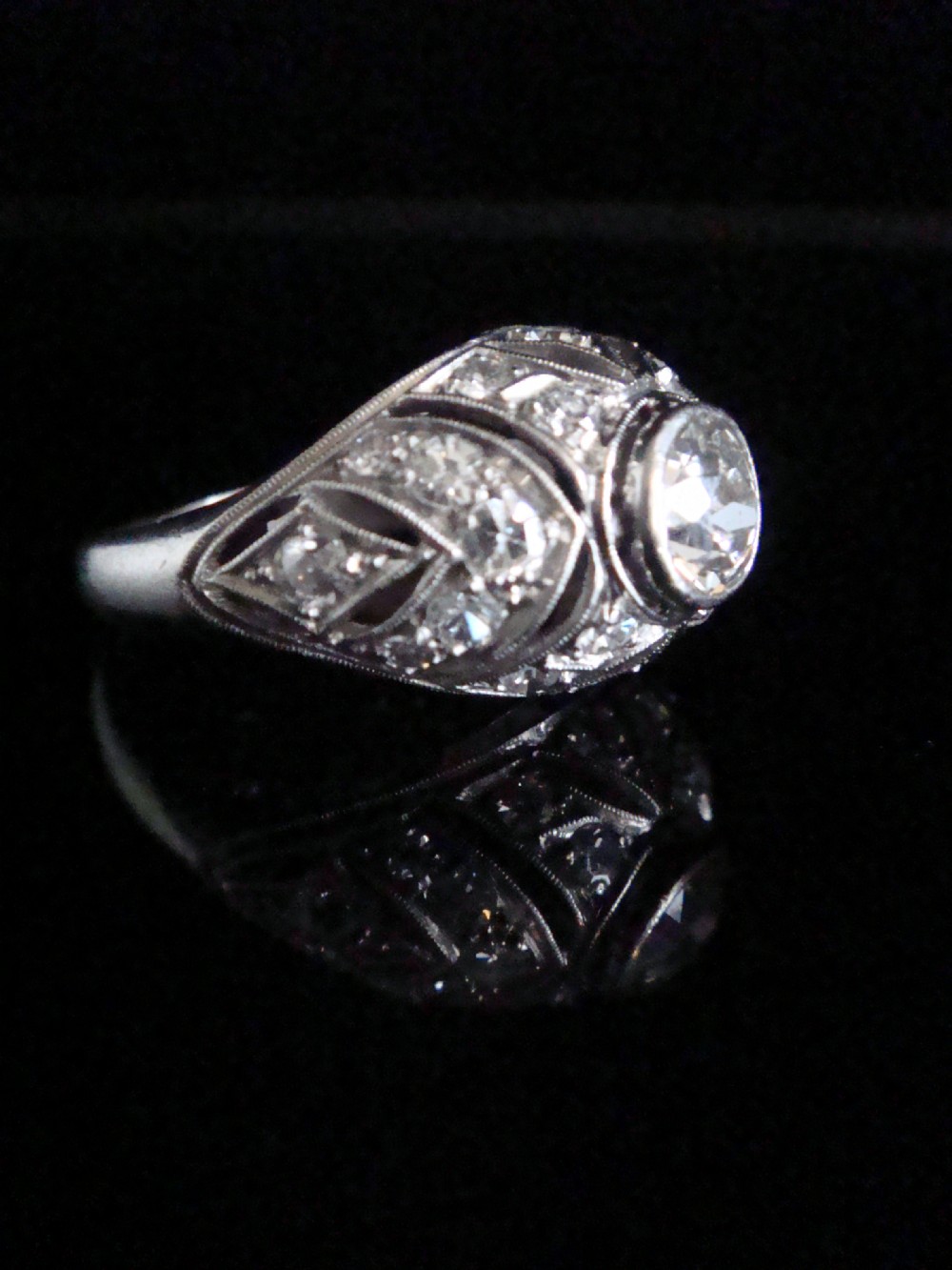 ART DECO PLATINUM OLD TRANSITIONAL CUT DIAMOND BOMBE 1.50CT RING View II