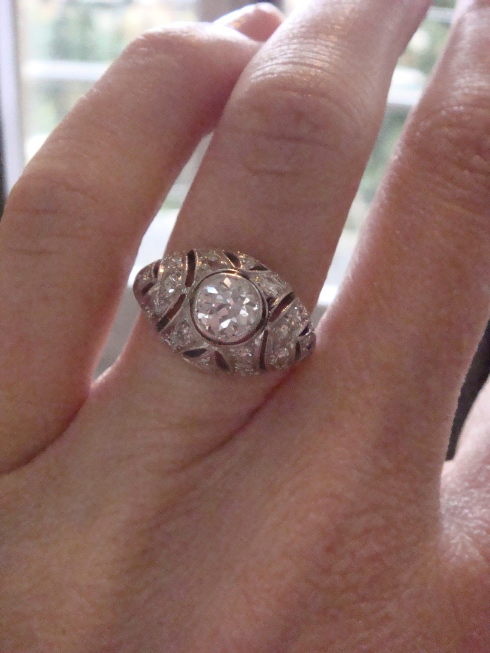 ART DECO PLATINUM OLD TRANSITIONAL CUT DIAMOND BOMBE 1.50CT RING View III