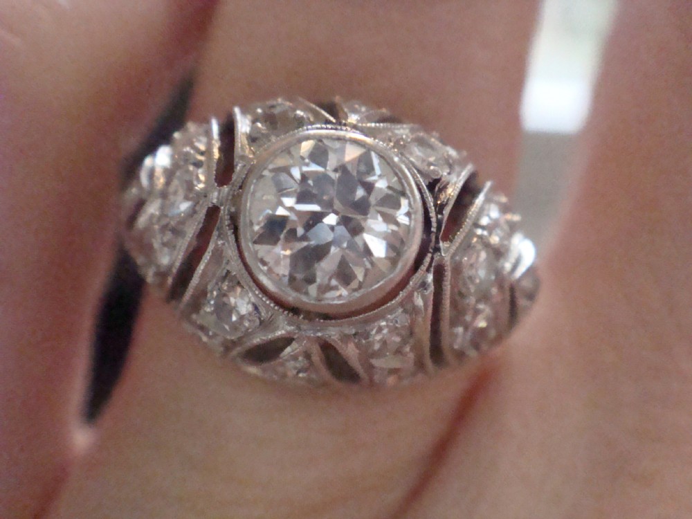 ART DECO PLATINUM OLD TRANSITIONAL CUT DIAMOND BOMBE 1.50CT RING View IV