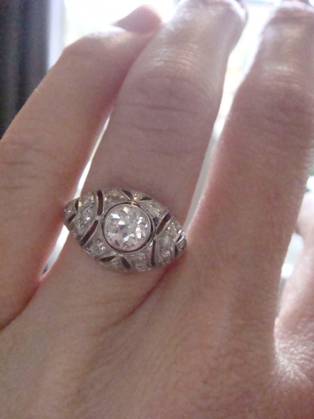 ART DECO PLATINUM OLD TRANSITIONAL CUT DIAMOND BOMBE 1.50CT RING View VI