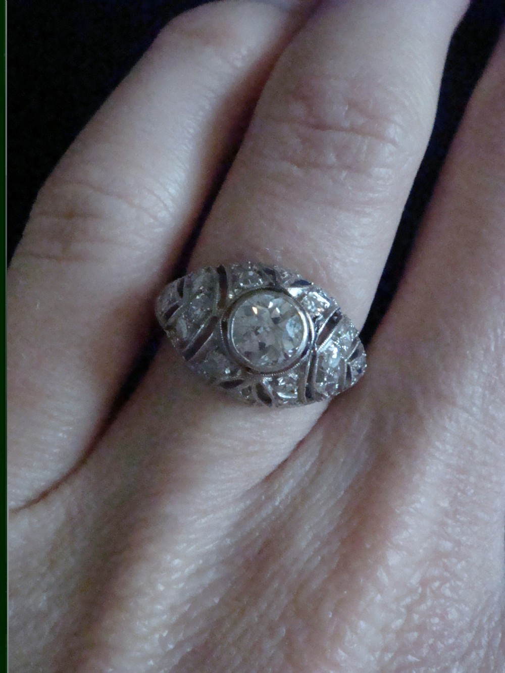 ART DECO PLATINUM OLD TRANSITIONAL CUT DIAMOND BOMBE 1.50CT RING View VII