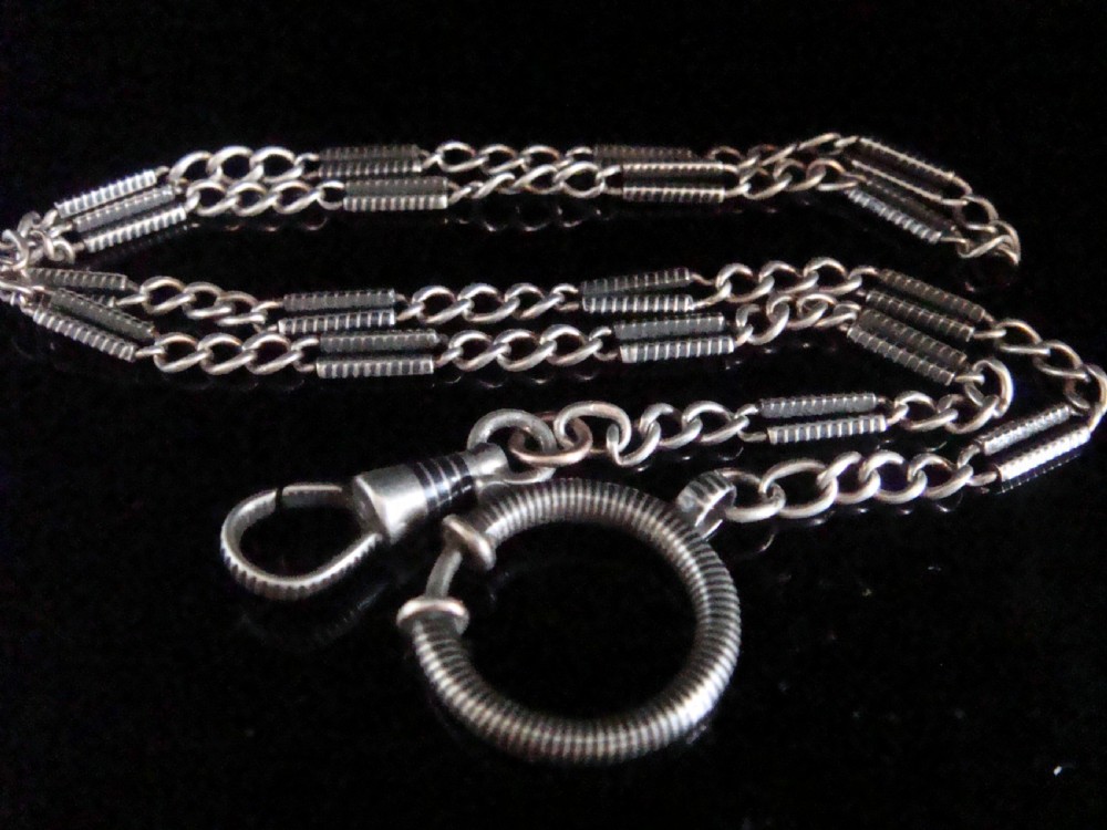 Victorian Niello silver chain albert large bolt ring 19inches necklace