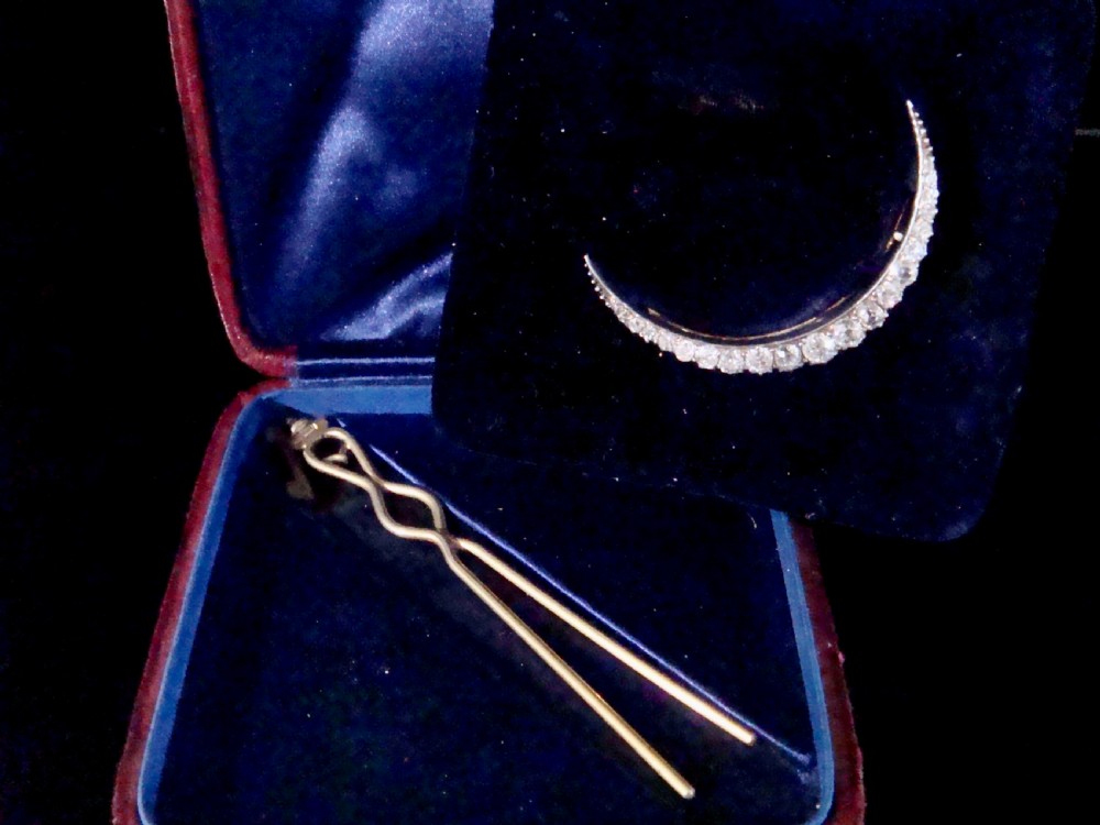 VICTORIAN 18CT DIAMOND CRESCENT BROOCH AND HAIR PIN CONVERSION FITTED CASE
 View VI