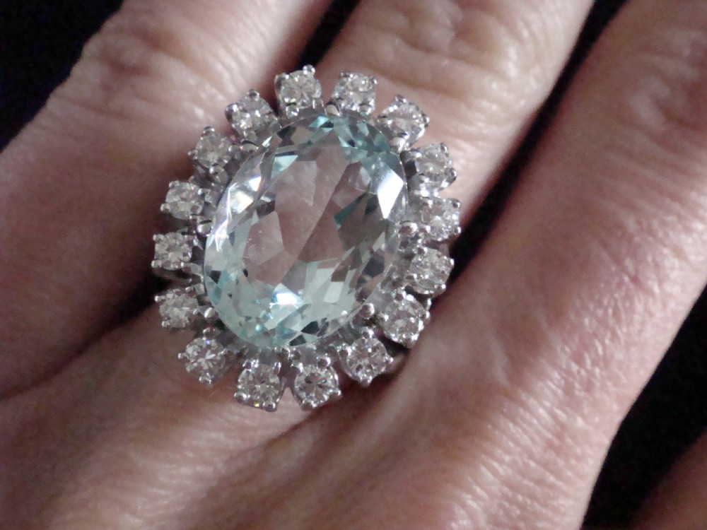 14CT 1940s VINTAGE WHITE GOLD NATURAL AQUAMARINE 6CT & DIAMOND 1.12CT RING View II