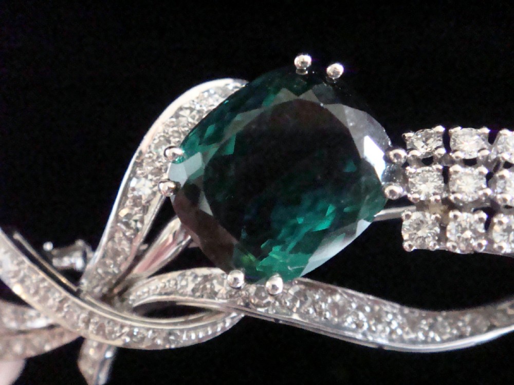 RETRO 18CT  NATURAL GREEN TOURMALINE 6.00CT DIAMOND 2.50CT BROOCH 15.1g View III