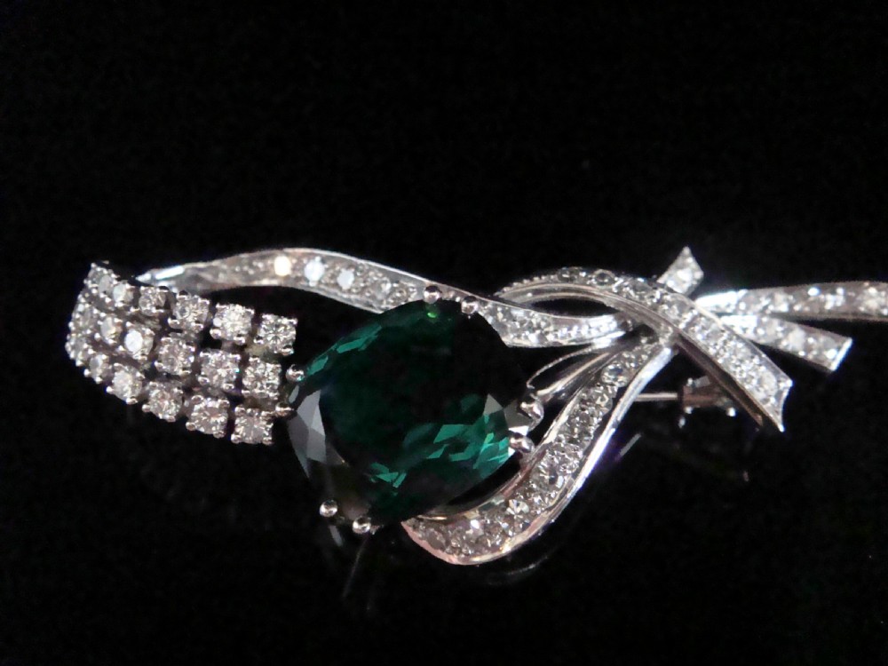 RETRO 18CT  NATURAL GREEN TOURMALINE 6.00CT DIAMOND 2.50CT BROOCH 15.1g View IV