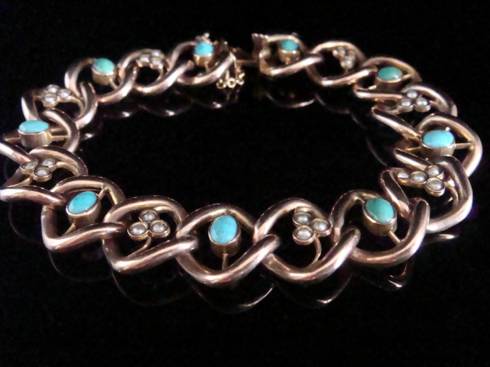 EDWARDIAN 9CT ROSE GOLD TURQUOISE SEED PEARL BRACELET 13.2G